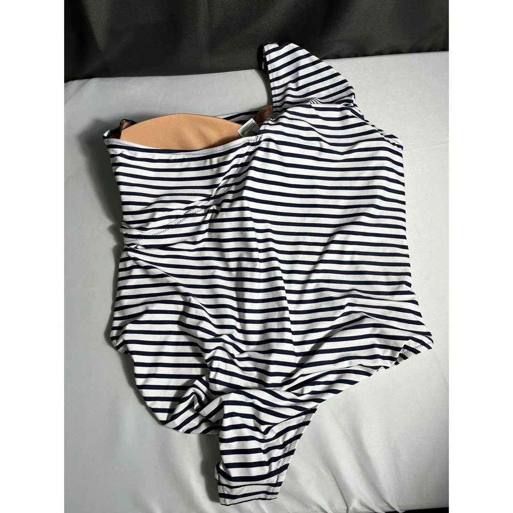 J.Crew Re-Imagined‎ One-Shoulder Ruched One-Piece Swimsuit Navy White Stripe 24